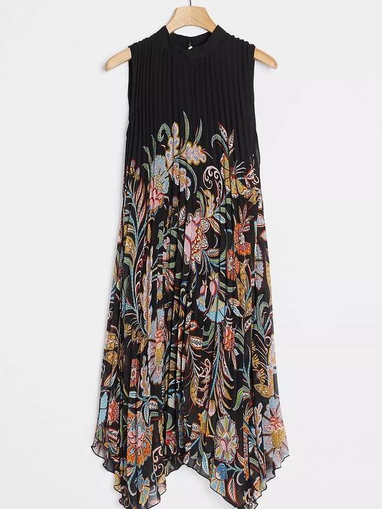 Anthropologie Dresses & Skirts - ANTHROPOLOGIE Sleeveless Black Pleated Floral Handkerchief Hem Dress